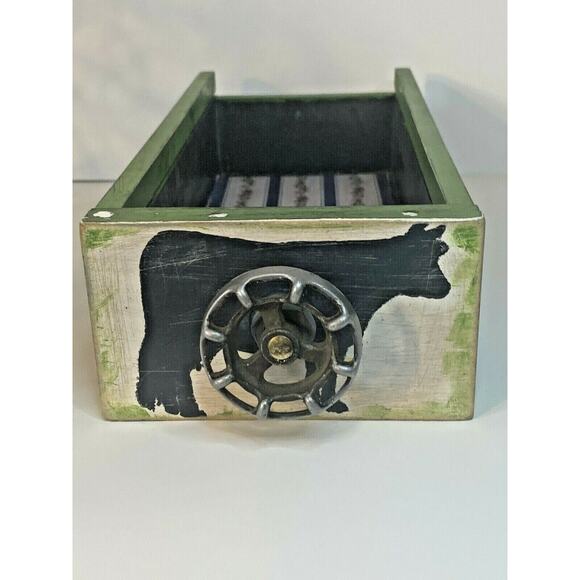 Farmhouse Wood Drawer Crate w/ Vintage Dairy Cow Spigot Handle, Green/Black - Picture 10 of 12
